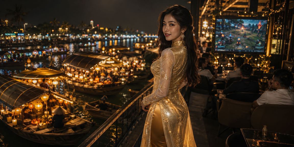 Người phụ nữ Hà Nội trong trang phục áo dài truyền thống theo dõi giải đấu esports betting trực tuyến