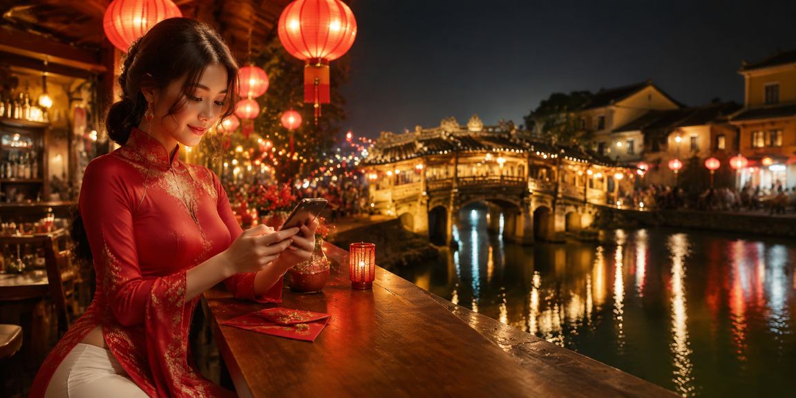 Người phụ nữ Hội An trong trang phục áo dài truyền thống cầm phong bì đỏ may mắn tại sự kiện casino